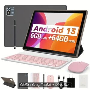 Android 13 Tablet with Keyboard and Mouse - Gray and Pink